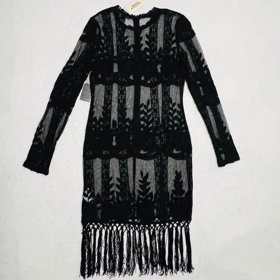 Forever 21 Black Sheer Embroidery Fringe Cocktail Dress Size L - photo 3