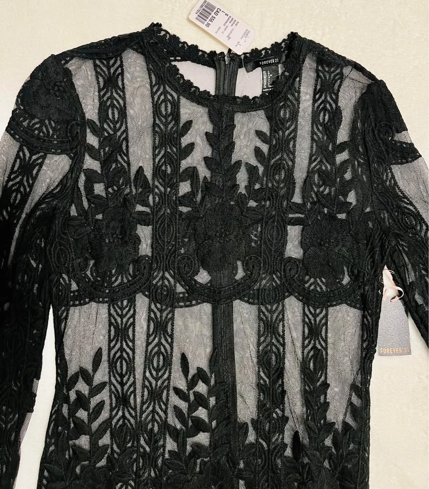Forever 21 Black Sheer Embroidery Fringe Cocktail Dress Size L - photo 4