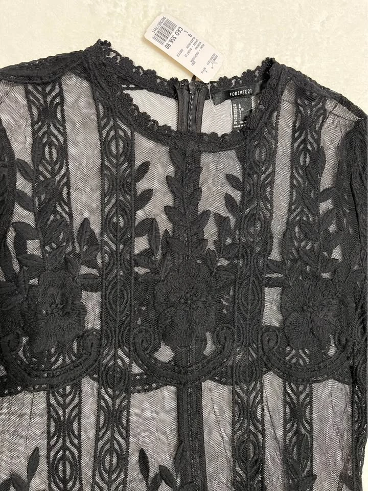 Forever 21 Black Sheer Embroidery Fringe Cocktail Dress Size L - photo 5