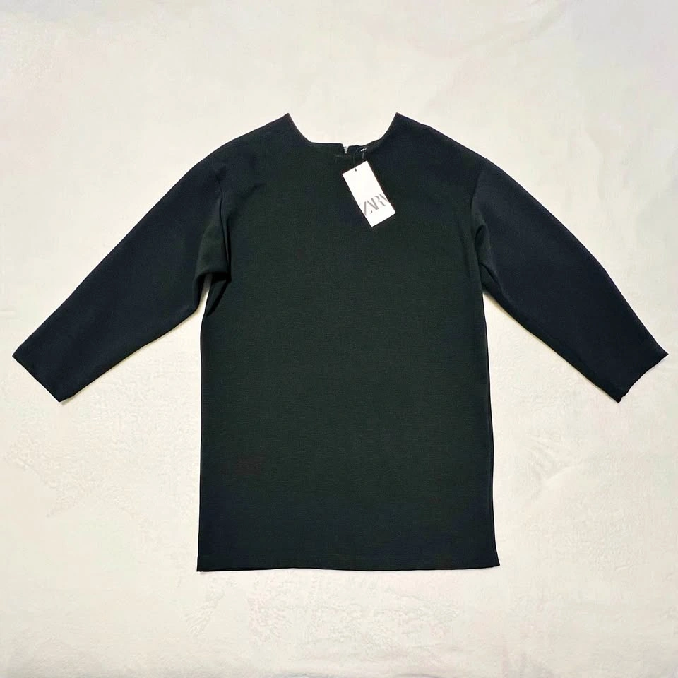 ZARA Dress Womens Tunic Black 3/4 Sleeve Zip Back Shift Size L
