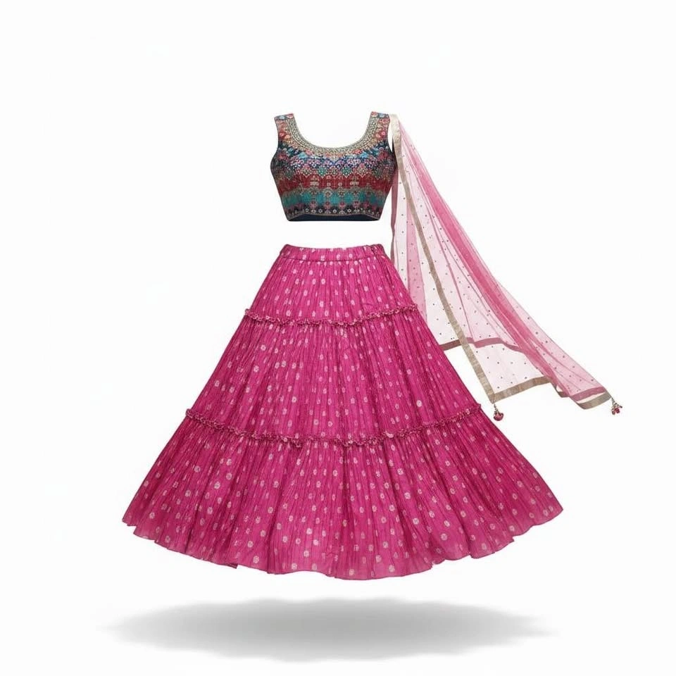 Pink Tiered Lehenga Choli with Embroidered Blouse - photo 2