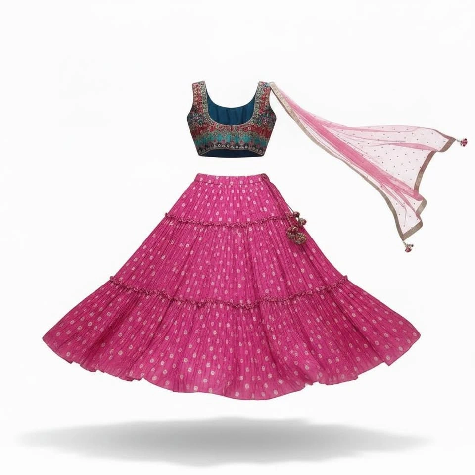 Pink Tiered Lehenga Choli with Embroidered Blouse - photo 3