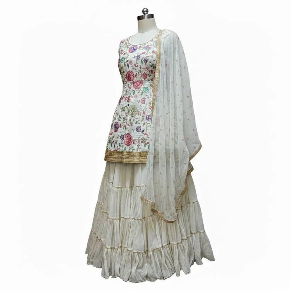 White Floral Embroidered Sharara Suit
