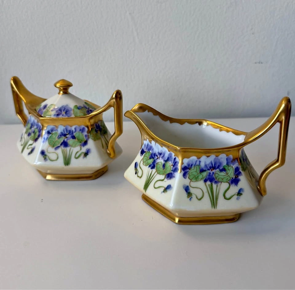 Antique T&V Limoges France Pickard Hand Painted Sugar Bowl & Cre