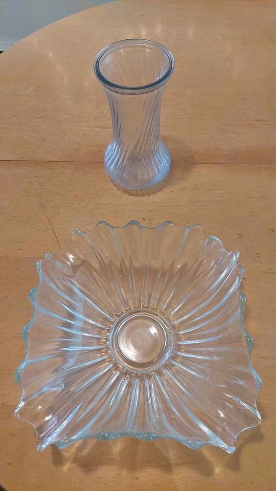 Clear Glass Vase and Ruffled Glass Bowl Set