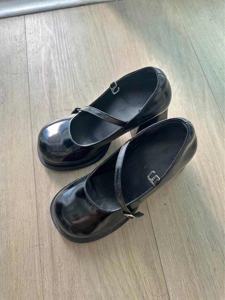 Black Patent Platform Mary Jane Block Heels