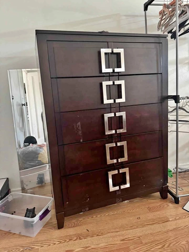 Dark brown sturdy wood dresser with 5 drawers