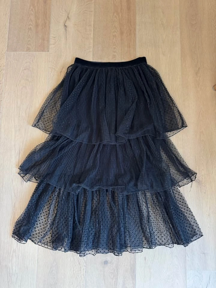 ZARA Black Polka Dot Tiered Tulle Midi Skirt - photo 3