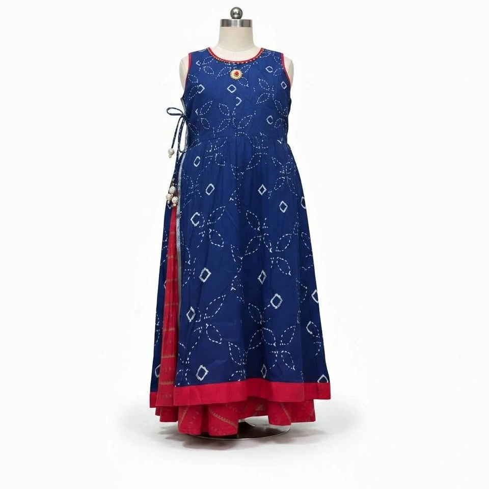 Girls Blue Bandhani Print Ethnic Dress with Red Border