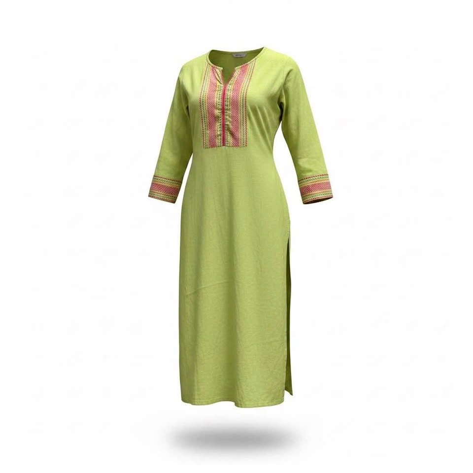 Lime Green Embroidered Cotton Kurti