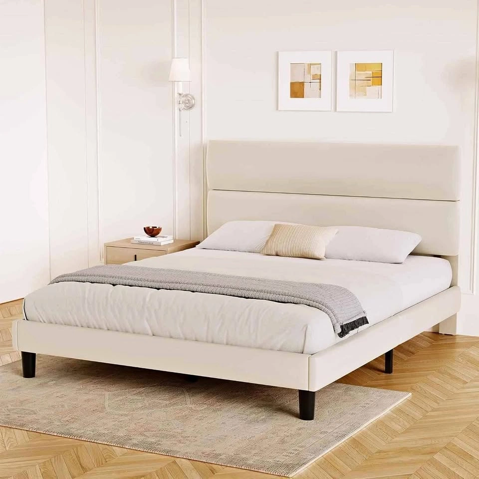 Brand New Queen Size Upholstered Platform Bed Frame (Beige/Cream