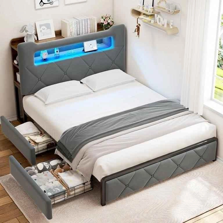 Brand New Full Size Upholstered LED Bed Frame with Storage Drawe