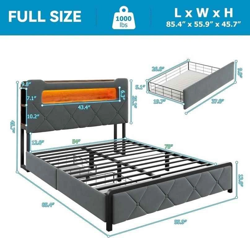 Brand New Full Size Upholstered LED Bed Frame with Storage Drawe - photo 2