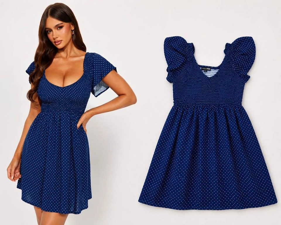 Fashion Nova - Navy Polka Dot Smocked Dress - Size Large