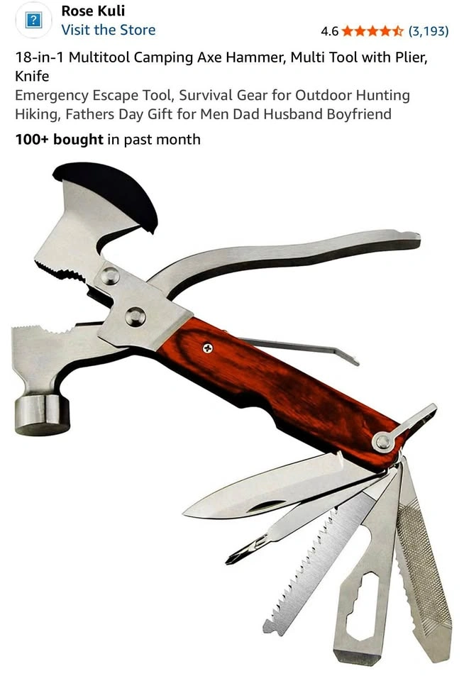 7” 18-in-1 Multitool Camping Axe Hammer, Multi Tool with Plier,