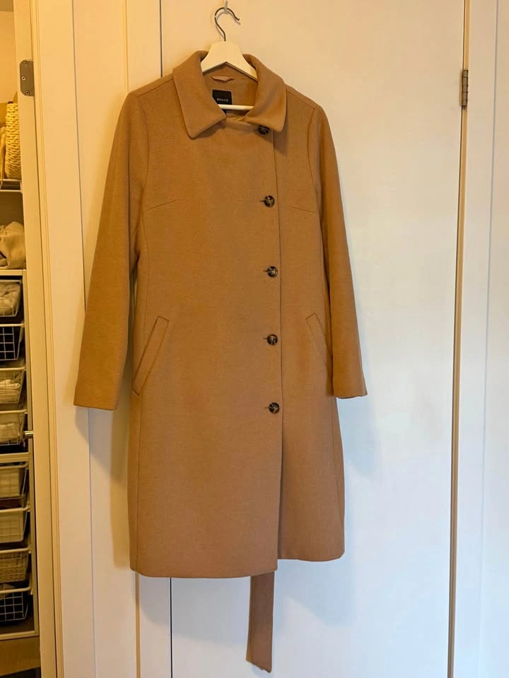 RW&CO Long Quilted Wool Coat with Belt Tan Beige Camel