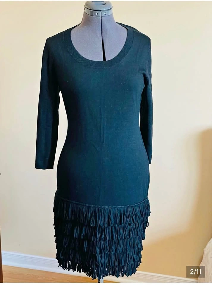 Calvin Klein Black Fringe Hem Long Sleeve Women’s Dress Size M