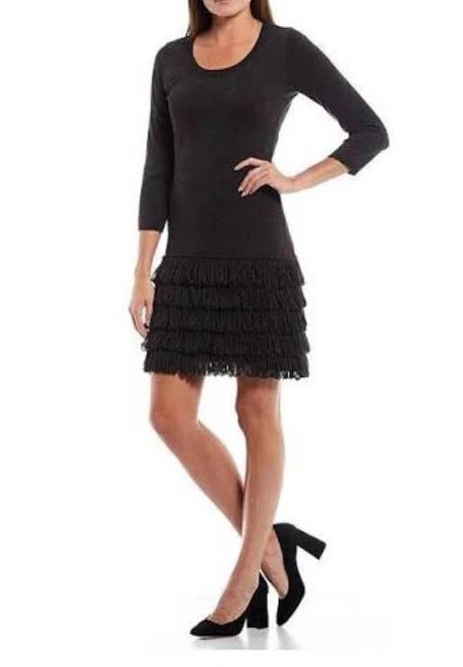 Calvin Klein Black Fringe Hem Long Sleeve Women’s Dress Size M - photo 2