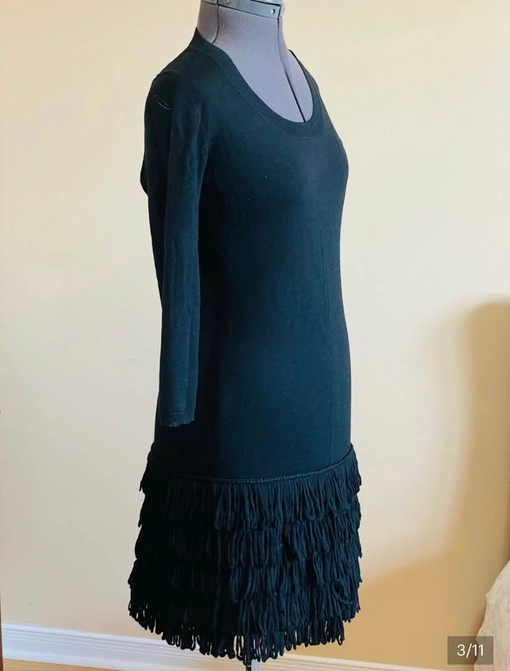 Calvin Klein Black Fringe Hem Long Sleeve Women’s Dress Size M - photo 3