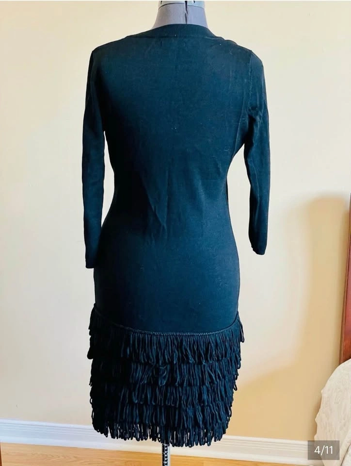 Calvin Klein Black Fringe Hem Long Sleeve Women’s Dress Size M - photo 4