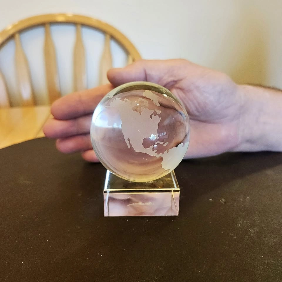 Oleg Cassini Crystal Glass World Sphere on Base Paperweight