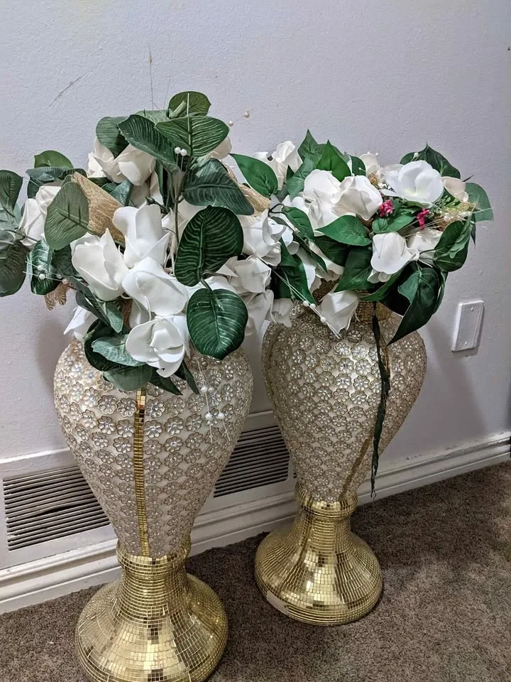 Pair of Gold Mosaic Floor Vases/Urns with Artificial Flowers