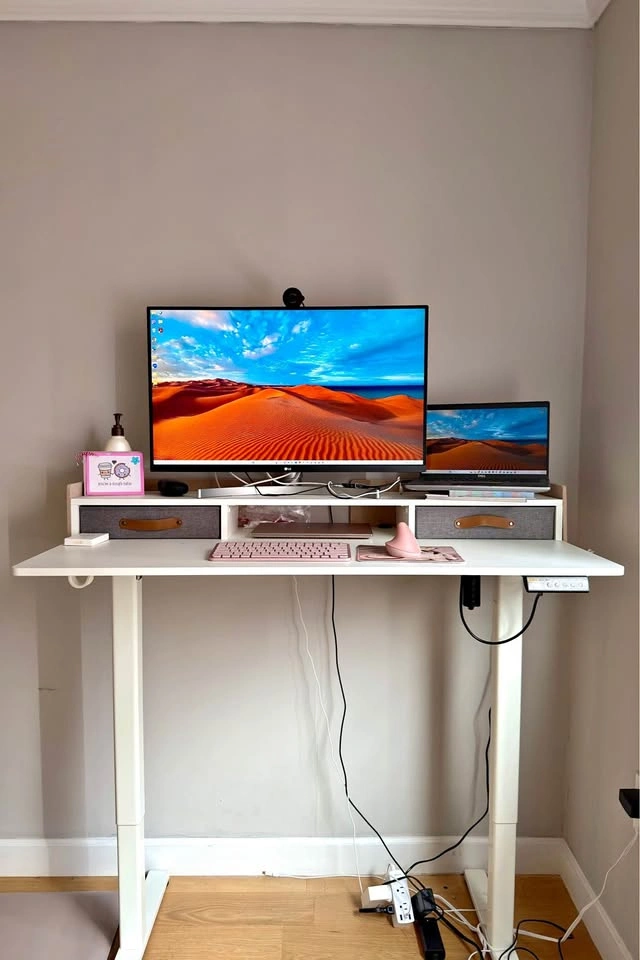48" Electric Standing Desk with Shelves, Drawers & Chair