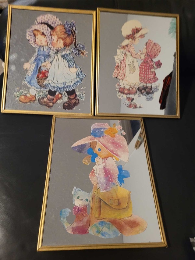 Vintage 70s Sarah Kay/Holly Hobbie Mirror Art/ Set of 3
