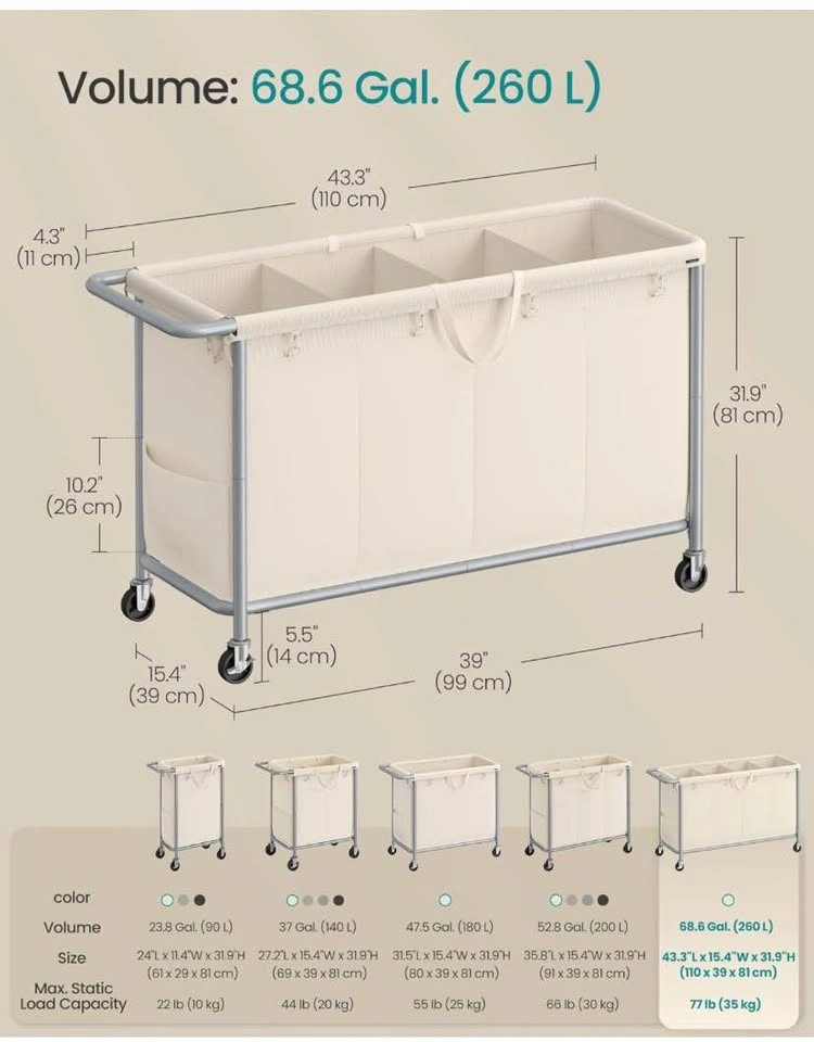 Large 4-Section Laundry Hamper Cream White *WHEELS NOT INCLUDED* - photo 3