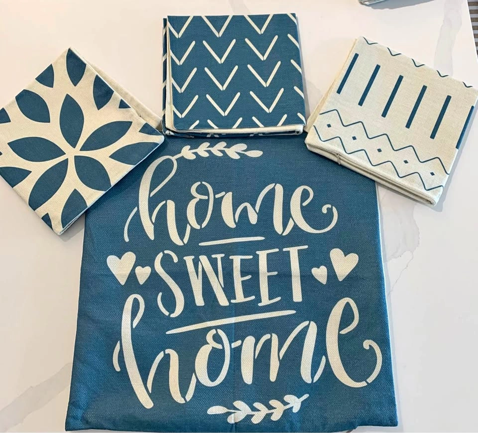 Set of 4 Blue and Cream Decorative Pillow Covers