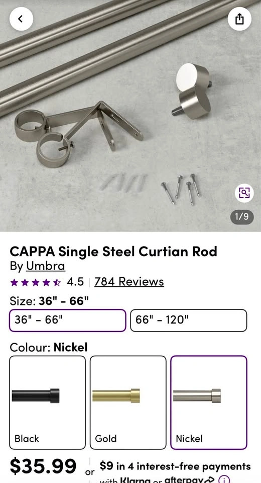 Umbra CAPPA Single Steel Curtain Rod Set (2 Rods)
