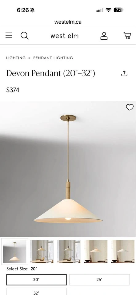 NEW | West Elm Devon Pendant Light (20”) – Never Opened