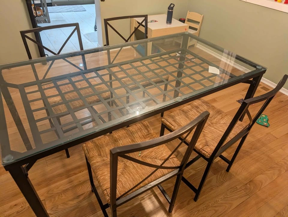 Glass Top Dining Table with 4 Woven Seat Chairs - photo 3