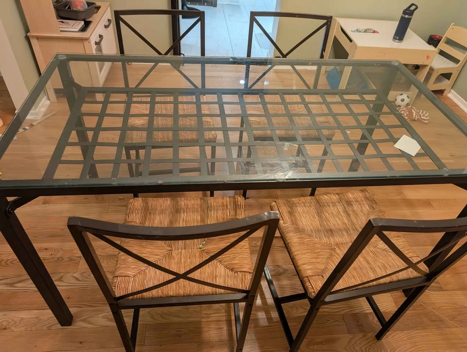 Glass Top Dining Table with 4 Woven Seat Chairs - photo 4