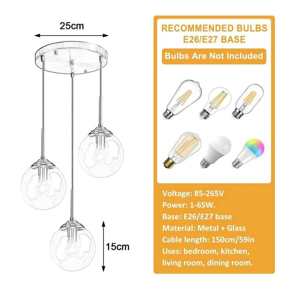 NEW 3 Light Modern Pendant Light Fixture Gold Glass Globe - photo 5