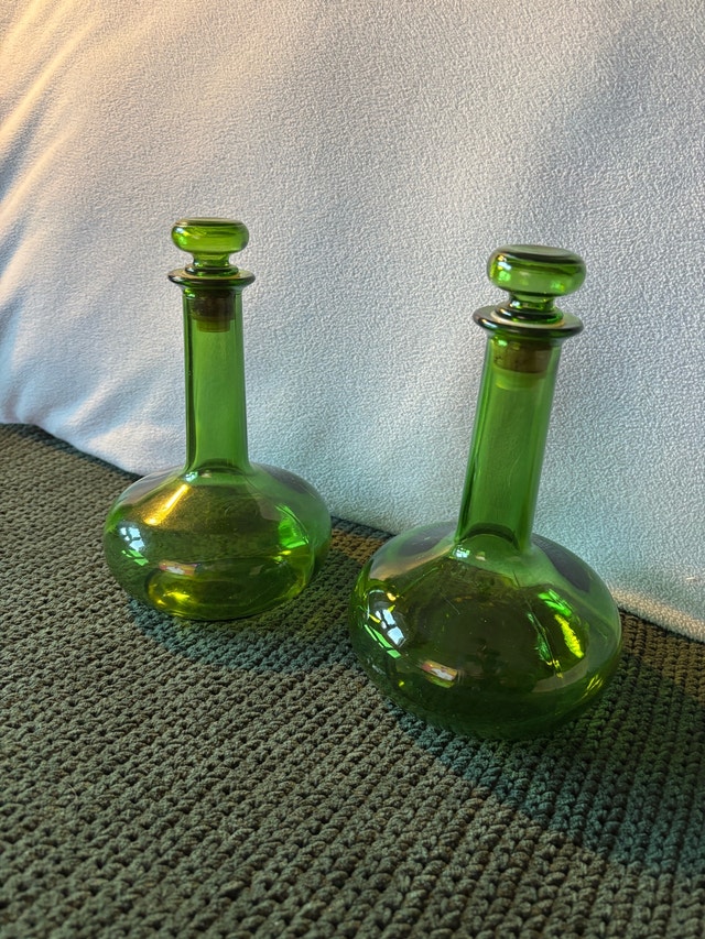 L J McGuinness 1960s Green Glass Decanters