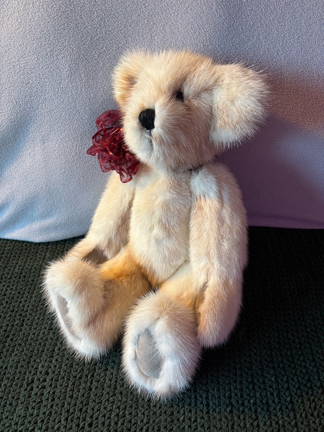Real Palomino Mink Fur Teddy Bear Red Bow Hand