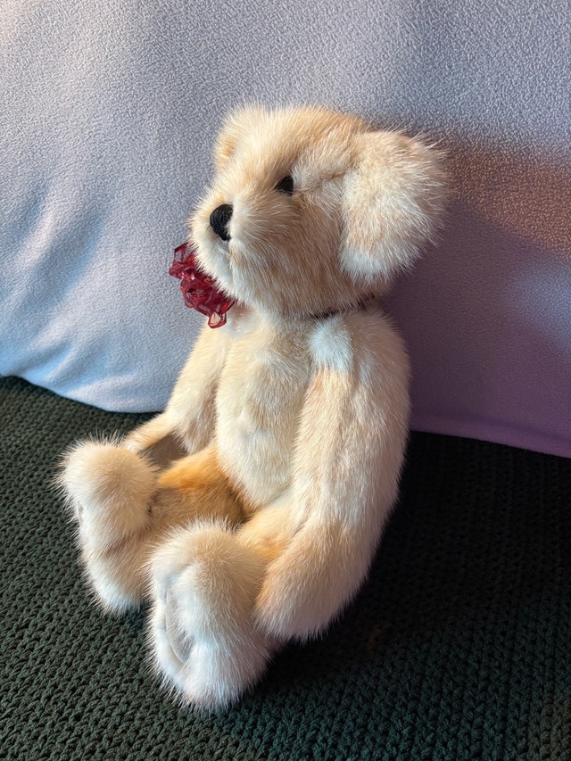 Real Palomino Mink Fur Teddy Bear Red Bow Hand - photo 2
