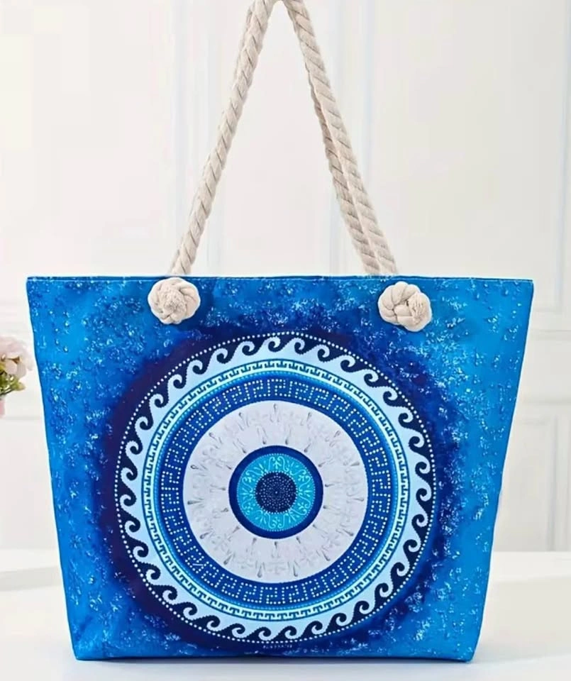 Blue Evil Eye Tote Bag Rope Handles
