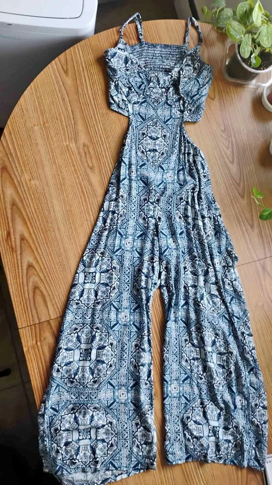 George Blue + White Wide-legged Spaghetti Strap Jumpsuit XS