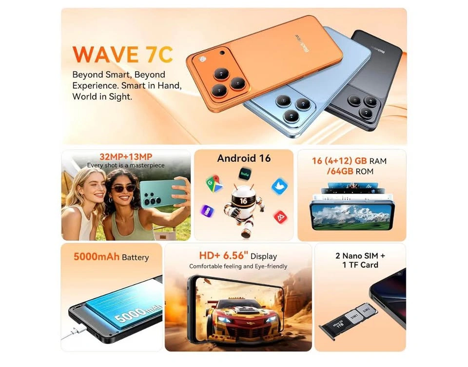 Blackview Wave 7C Unlocked Cell Phone, 4G LTE, Android 16, Orang - photo 2
