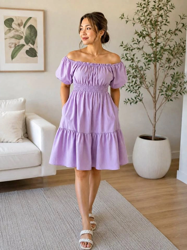 Lavender Off-the-Shoulder Tiered Mini Dress
