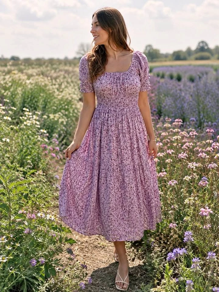 Lilac Floral Smocked Midi Dress