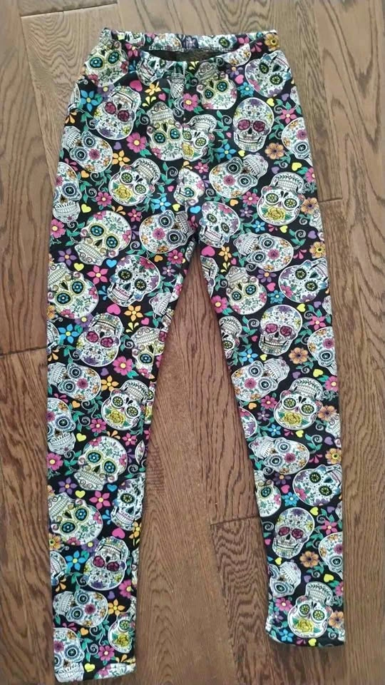 Just Cozy Day of the Dead fuzzy lined Sugar Skull leggings XS