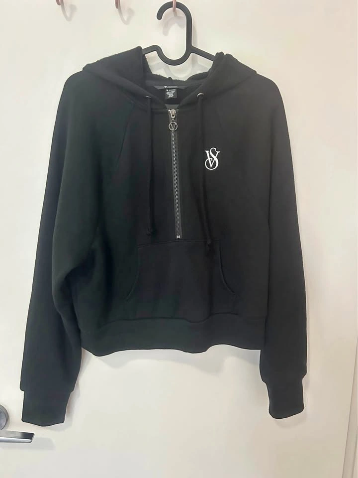 Victoria's Secret On Point Black Cropped Half-Zip Hoodie S
