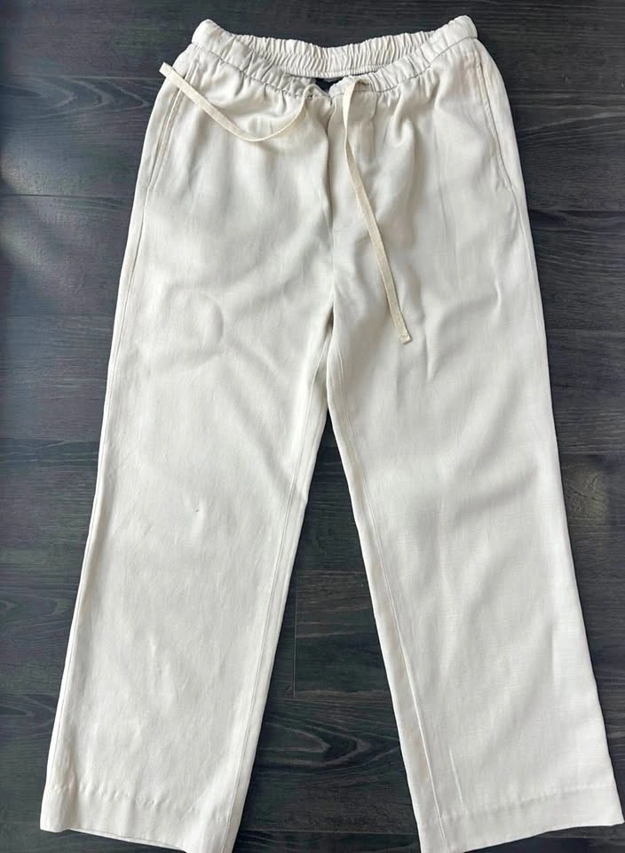ZARA Off White Linen Wide Leg Pants Cream Drawstring XS