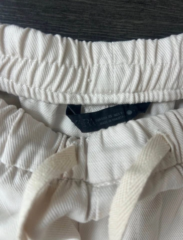ZARA Off White Linen Wide Leg Pants Cream Drawstring XS - photo 3
