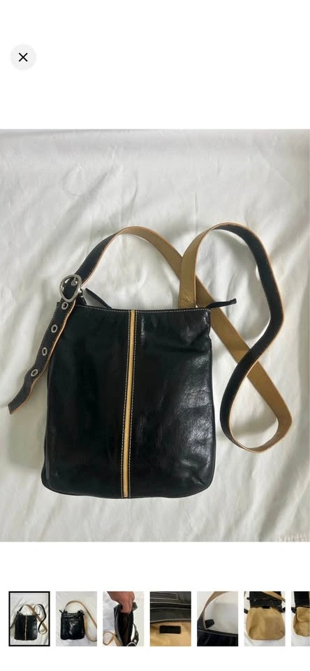 KGB Vintage Black Leather Messenger Crossbody Bag Grommet Buckle