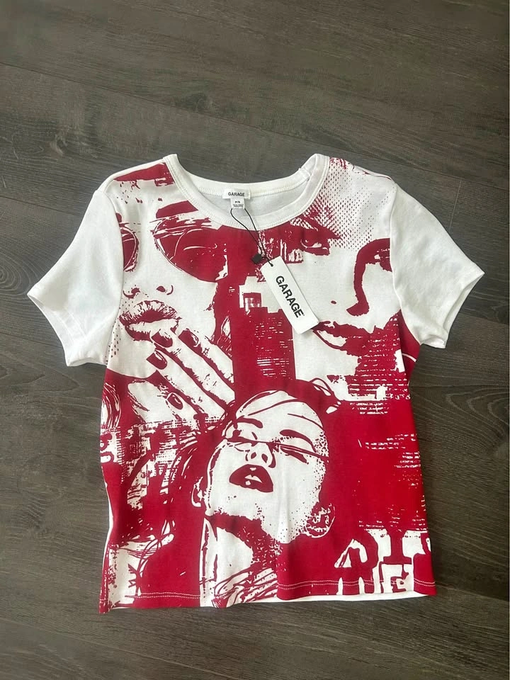 Garage NTW Red White Graphic Baby Tee Crop Top Size S