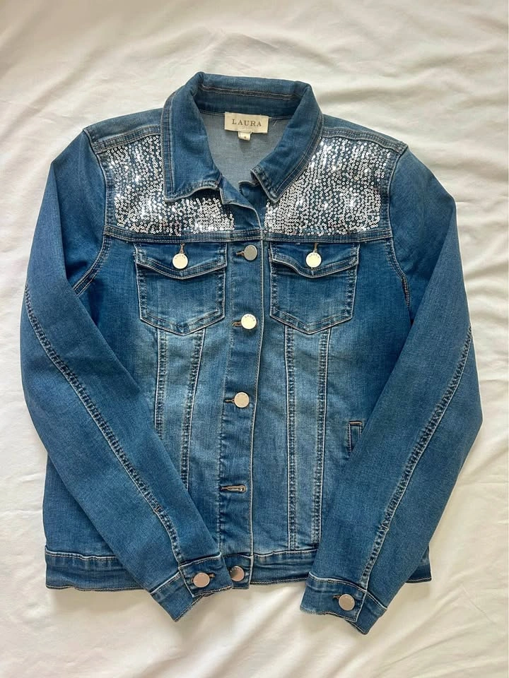 LAURA Glam Sequin Denim Jacket | Size 4 | Sparkle Jean Jacket